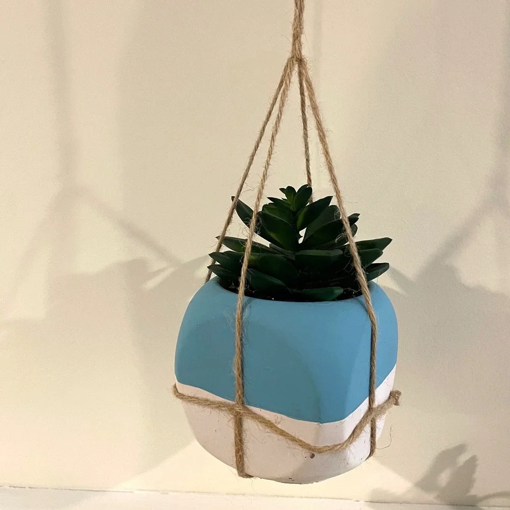 Unbranded Faux Succulent Set‎ 4pc Blue White Boho Hanging Macrame Ceramic Pots